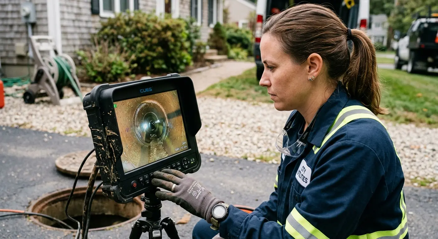 Technician reviewing sewer camera inspection footage in Wharton
