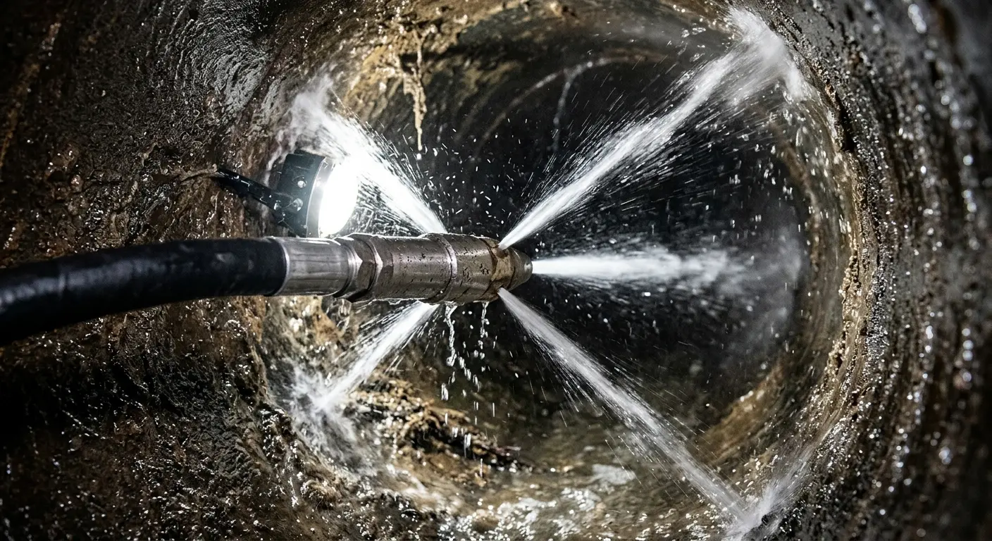 High-pressure hydro jetting nozzle cleaning sewer pipe for Sewer Cleanout in Wharton