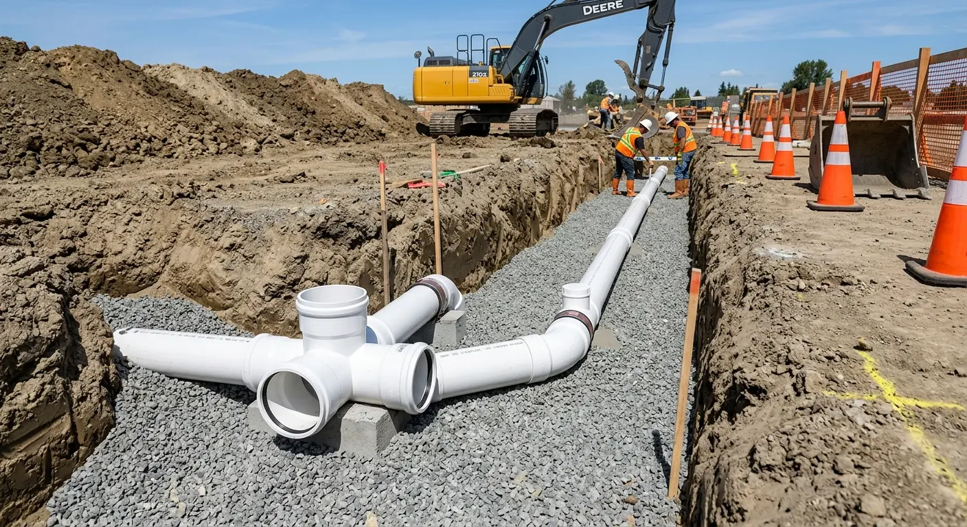 New PVC sewer pipe installation in open trench for Sewer Backup in Wharton