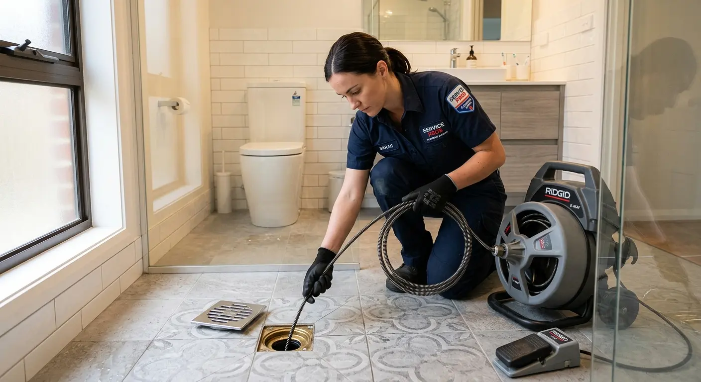 Technician clearing a bathroom floor drain for Sewer Line Replacement in Wharton